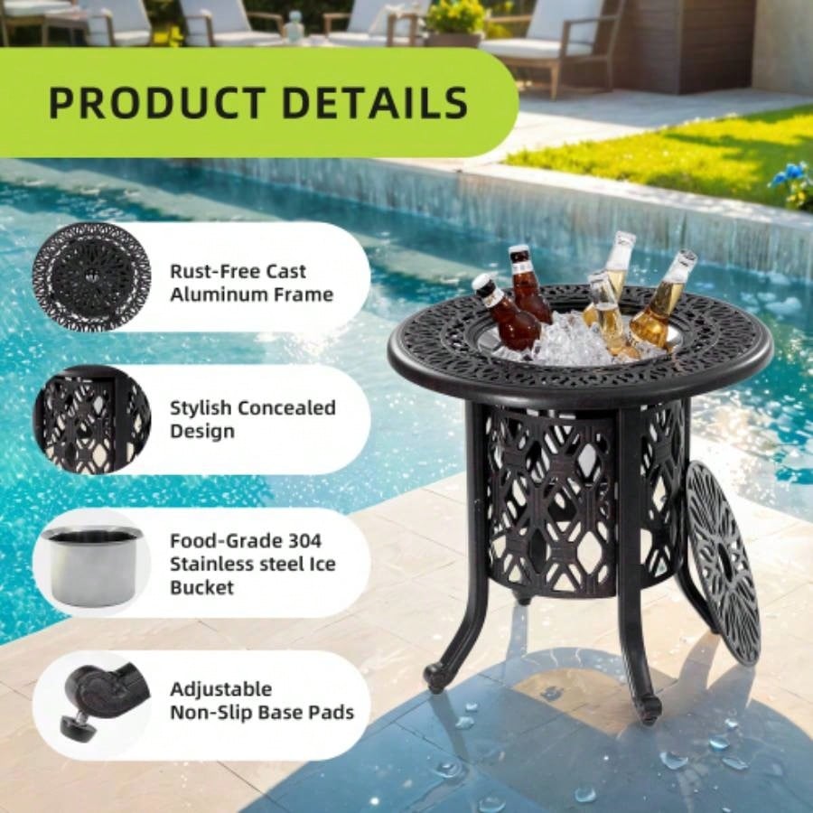21 Side Table With Removable Bucket - Rustproof Cast Aluminum Frame, Hand - Brushed, Food - Grade 304 Stainless Steel Bucket - Indoor Outdoor, Patio, Balcony, and Poolside