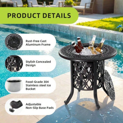 21 Side Table With Removable Bucket - Rustproof Cast Aluminum Frame, Hand - Brushed, Food - Grade 304 Stainless Steel Bucket - Indoor Outdoor, Patio, Balcony, and Poolside
