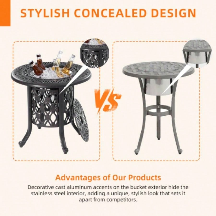 21 Side Table With Removable Bucket - Rustproof Cast Aluminum Frame, Hand - Brushed, Food - Grade 304 Stainless Steel Bucket - Indoor Outdoor, Patio, Balcony, and Poolside
