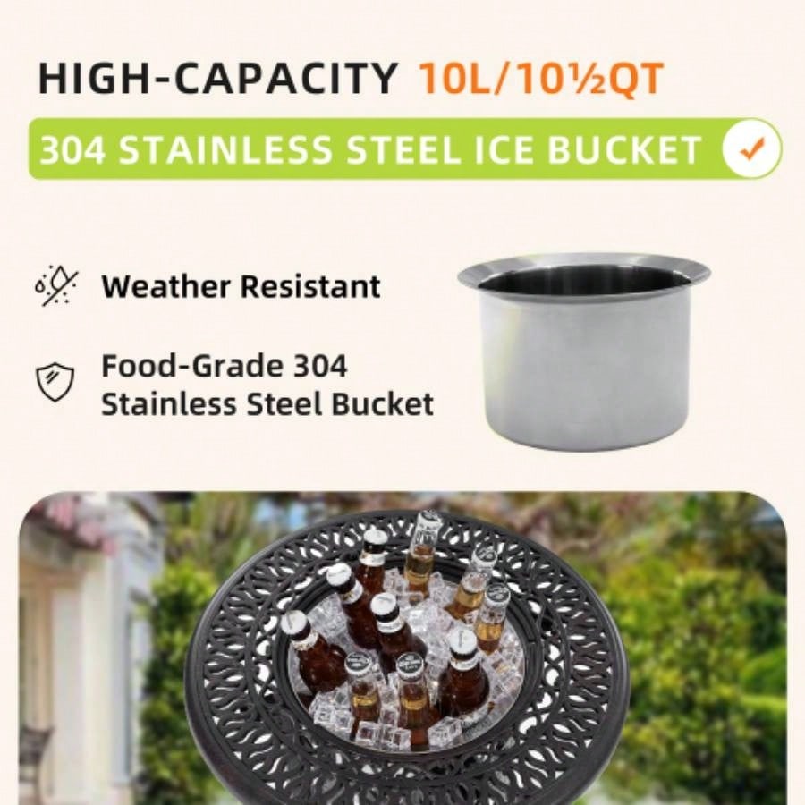 21 Side Table With Removable Bucket - Rustproof Cast Aluminum Frame, Hand - Brushed, Food - Grade 304 Stainless Steel Bucket - Indoor Outdoor, Patio, Balcony, and Poolside