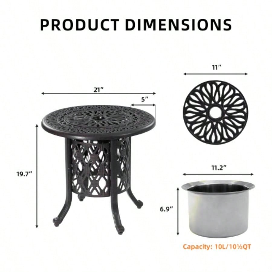 21 Side Table With Removable Bucket - Rustproof Cast Aluminum Frame, Hand - Brushed, Food - Grade 304 Stainless Steel Bucket - Indoor Outdoor, Patio, Balcony, and Poolside
