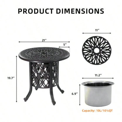 21 Side Table With Removable Bucket - Rustproof Cast Aluminum Frame, Hand - Brushed, Food - Grade 304 Stainless Steel Bucket - Indoor Outdoor, Patio, Balcony, and Poolside