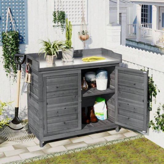 TOPMAX Outdoor 39 Potting Table, Rustic Garden Wood Workstation Storage Cabinet Garden Shed with 2 - Tier Shelves and Side Hook,
