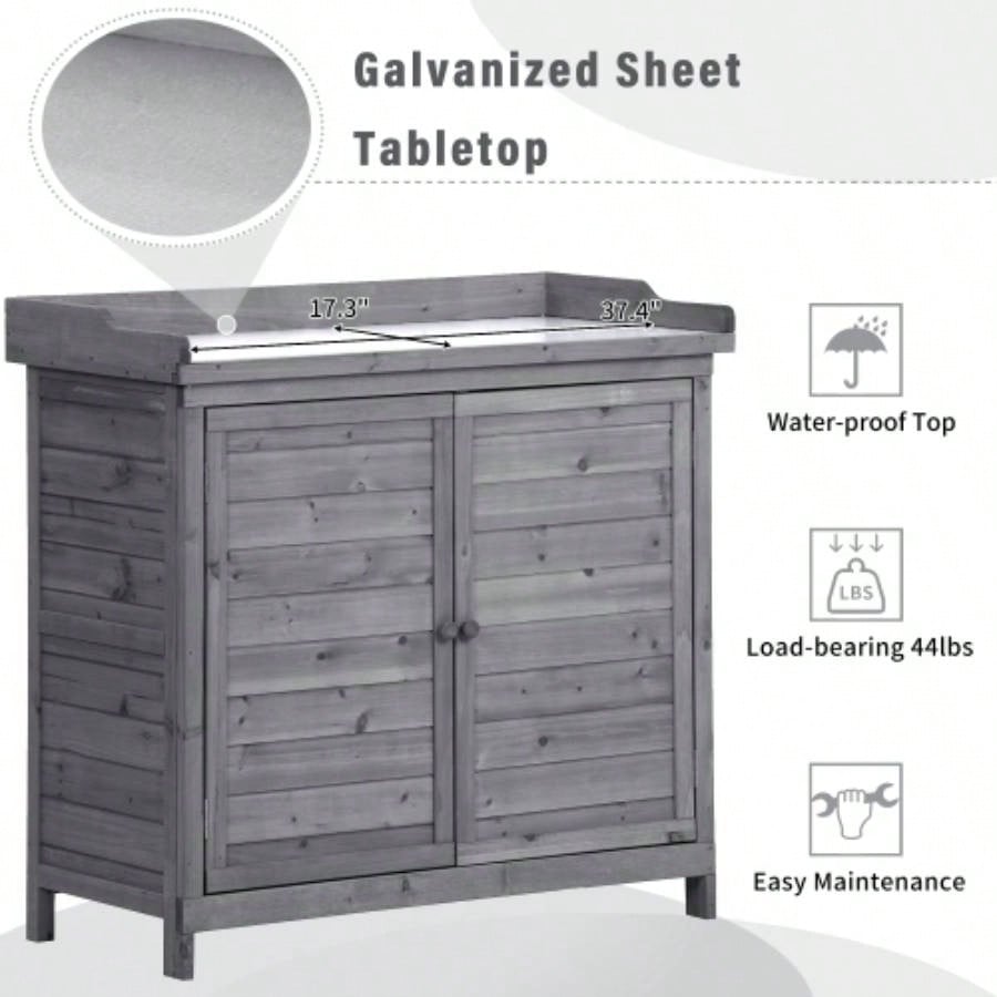 TOPMAX Outdoor 39 Potting Table, Rustic Garden Wood Workstation Storage Cabinet Garden Shed with 2 - Tier Shelves and Side Hook,