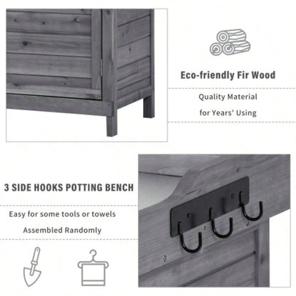 TOPMAX Outdoor 39 Potting Table, Rustic Garden Wood Workstation Storage Cabinet Garden Shed with 2 - Tier Shelves and Side Hook,