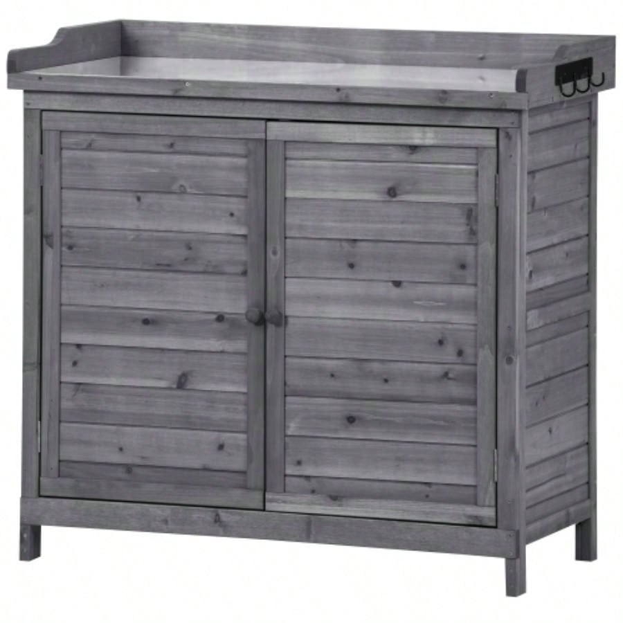 TOPMAX Outdoor 39 Potting Table, Rustic Garden Wood Workstation Storage Cabinet Garden Shed with 2 - Tier Shelves and Side Hook,
