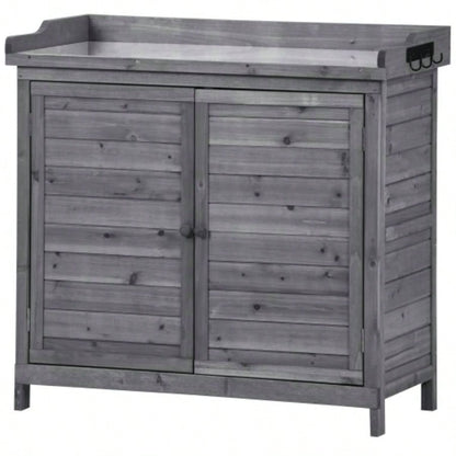 TOPMAX Outdoor 39 Potting Table, Rustic Garden Wood Workstation Storage Cabinet Garden Shed with 2 - Tier Shelves and Side Hook,