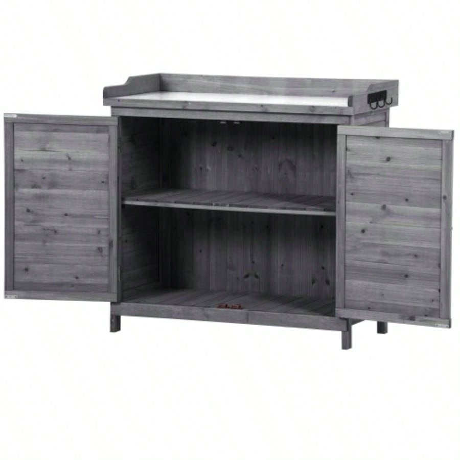TOPMAX Outdoor 39 Potting Table, Rustic Garden Wood Workstation Storage Cabinet Garden Shed with 2 - Tier Shelves and Side Hook,