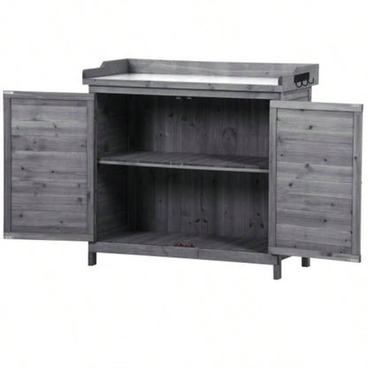 TOPMAX Outdoor 39 Potting Table, Rustic Garden Wood Workstation Storage Cabinet Garden Shed with 2 - Tier Shelves and Side Hook,