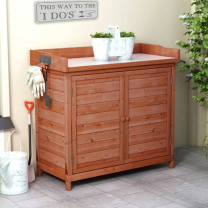TOPMAX Outdoor 39 Potting Table, Rustic Garden Wood Workstation Storage Cabinet Garden Shed with 2 - Tier Shelves and Side Hook,