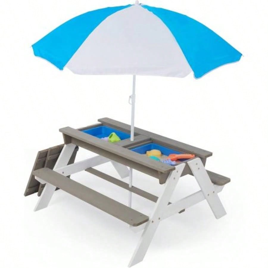 Wooden Kids Picnic Table, Sand and Table with, Activity Table Outdoor Backyard Patio