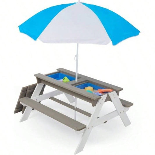 Wooden Kids Picnic Table, Sand and Table with, Activity Table Outdoor Backyard Patio