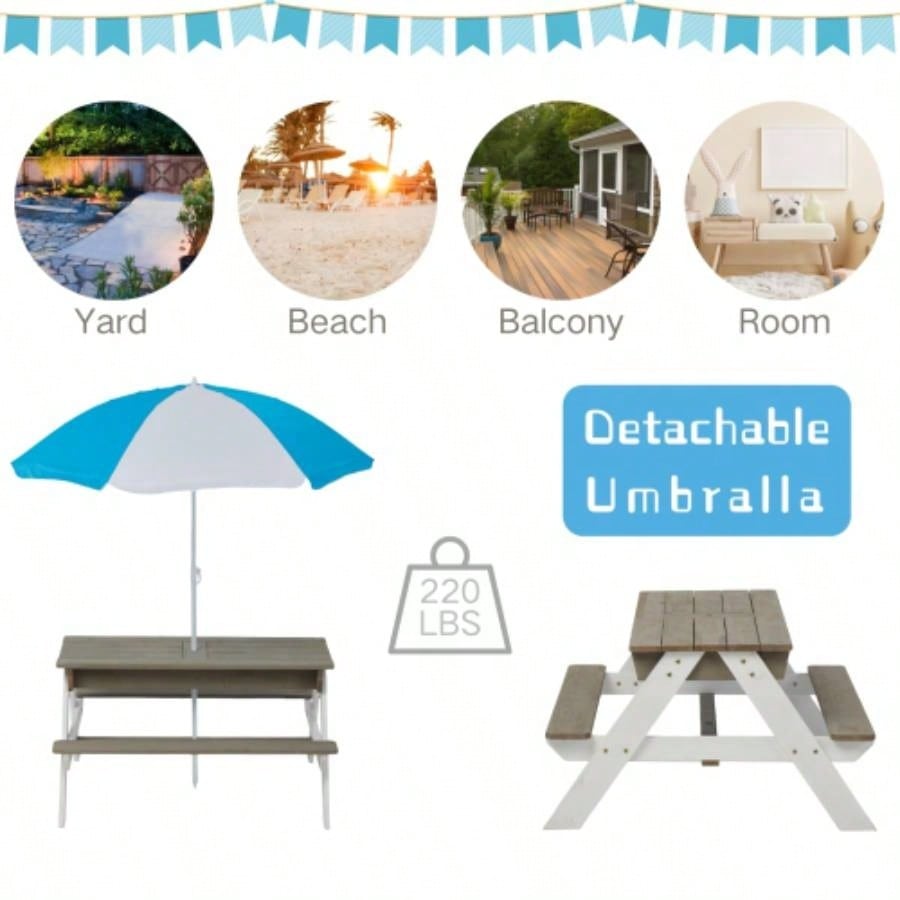 Wooden Kids Picnic Table, Sand and Table with, Activity Table Outdoor Backyard Patio