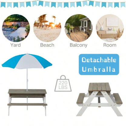 Wooden Kids Picnic Table, Sand and Table with, Activity Table Outdoor Backyard Patio