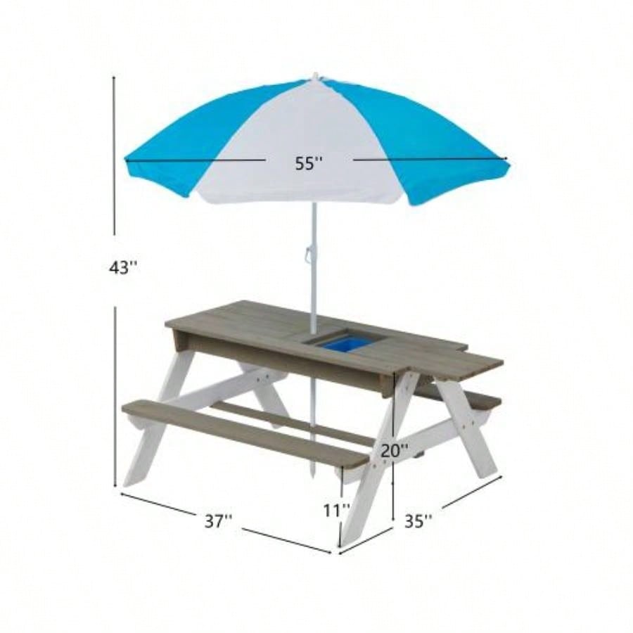 Wooden Kids Picnic Table, Sand and Table with, Activity Table Outdoor Backyard Patio