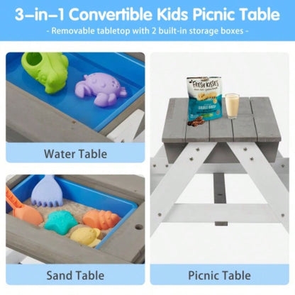 3 - in - 1 Kids Outdoor Wooden Picnic Table With, Convertible Sand Wate, Gray ASTM CPSIA CERTIFICATION