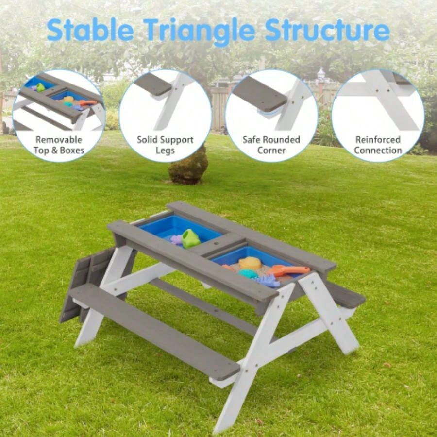 3 - in - 1 Kids Outdoor Wooden Picnic Table With, Convertible Sand Wate, Gray ASTM CPSIA CERTIFICATION