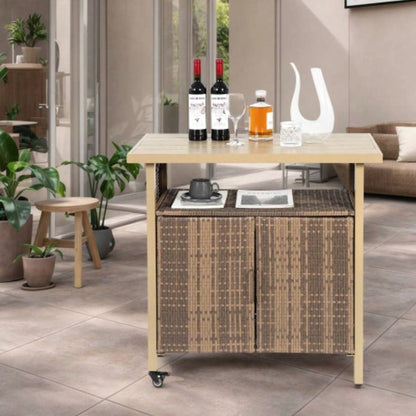 Outdoor Wicker Bar Cart, Patio Wine Serving Cart/Wheels, Rolling Rattan Beverage Bar Counter Table/Glass Top Porch Backyard Garden Poolside Party, Light brown
