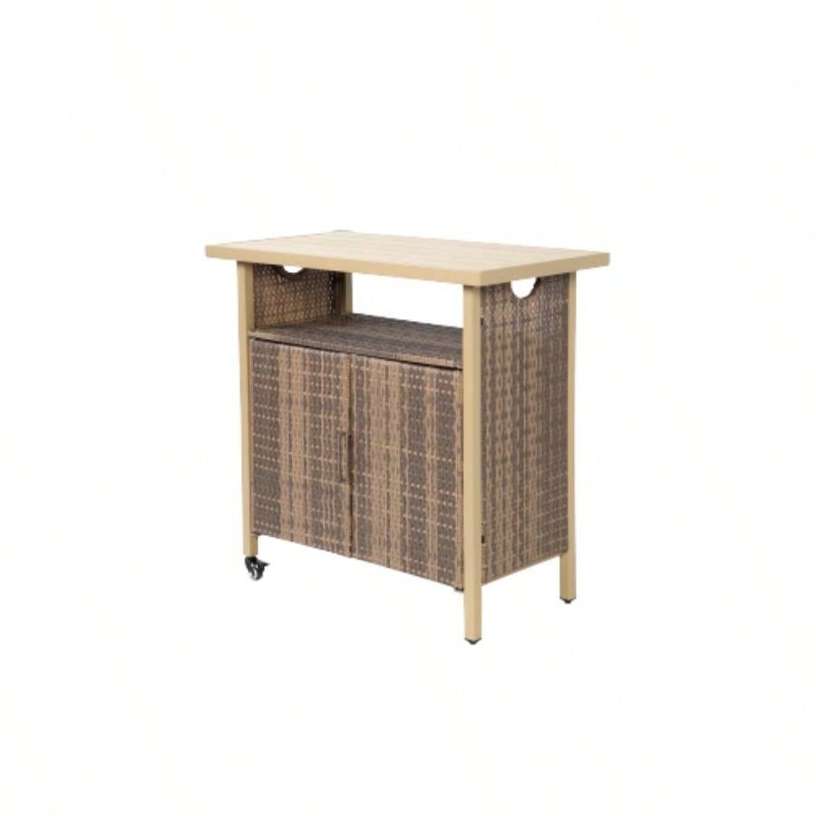 Outdoor Wicker Bar Cart, Patio Wine Serving Cart/Wheels, Rolling Rattan Beverage Bar Counter Table/Glass Top Porch Backyard Garden Poolside Party, Light brown