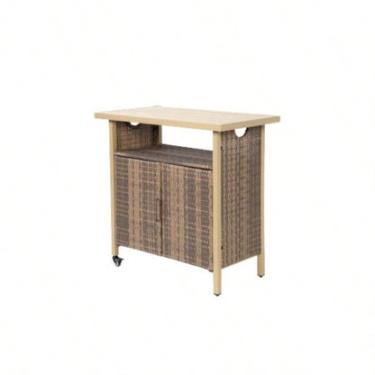Outdoor Wicker Bar Cart, Patio Wine Serving Cart/Wheels, Rolling Rattan Beverage Bar Counter Table/Glass Top Porch Backyard Garden Poolside Party, Light brown
