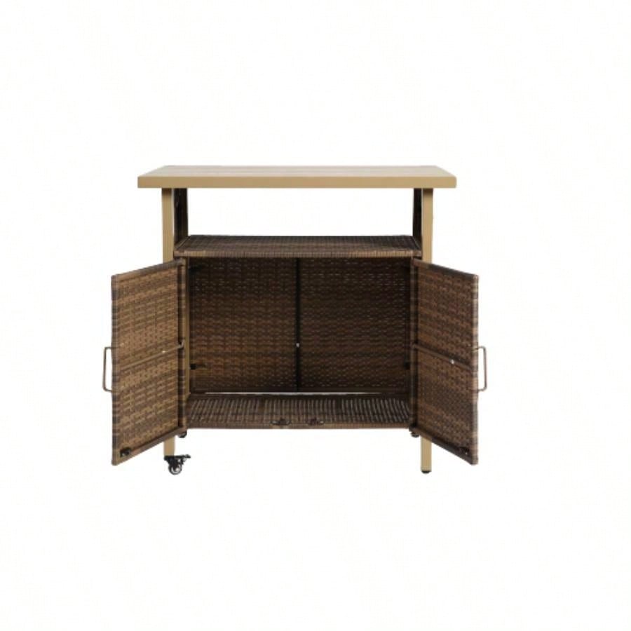 Outdoor Wicker Bar Cart, Patio Wine Serving Cart/Wheels, Rolling Rattan Beverage Bar Counter Table/Glass Top Porch Backyard Garden Poolside Party, Light brown