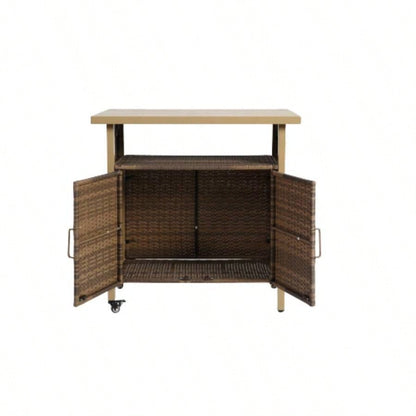 Outdoor Wicker Bar Cart, Patio Wine Serving Cart/Wheels, Rolling Rattan Beverage Bar Counter Table/Glass Top Porch Backyard Garden Poolside Party, Light brown