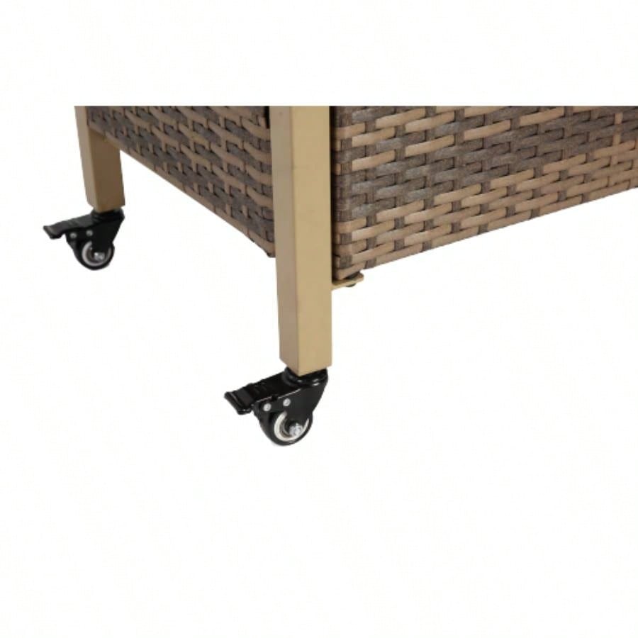 Outdoor Wicker Bar Cart, Patio Wine Serving Cart/Wheels, Rolling Rattan Beverage Bar Counter Table/Glass Top Porch Backyard Garden Poolside Party, Light brown