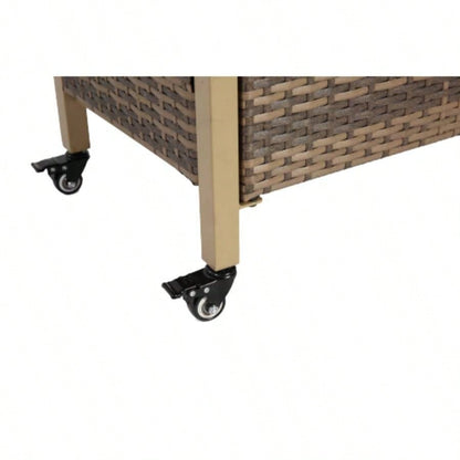 Outdoor Wicker Bar Cart, Patio Wine Serving Cart/Wheels, Rolling Rattan Beverage Bar Counter Table/Glass Top Porch Backyard Garden Poolside Party, Light brown