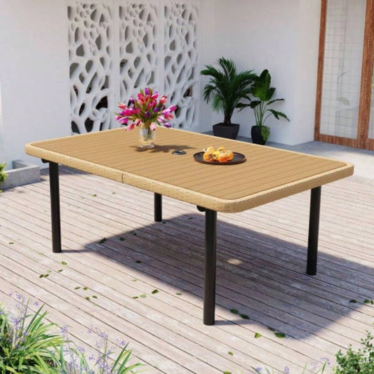 59 Outdoor Patio Dining Table, Polywood Tabletop with Hole, Iron, Rectangular Dining Table Garden, Backyard, Porch
