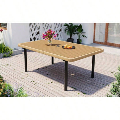 59 Outdoor Patio Dining Table, Polywood Tabletop with Hole, Iron, Rectangular Dining Table Garden, Backyard, Porch