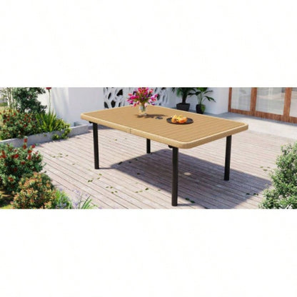 59 Outdoor Patio Dining Table, Polywood Tabletop with Hole, Iron, Rectangular Dining Table Garden, Backyard, Porch