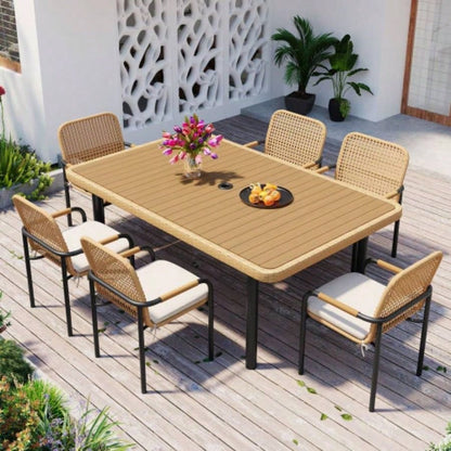 59 Outdoor Patio Dining Table, Polywood Tabletop with Hole, Iron, Rectangular Dining Table Garden, Backyard, Porch