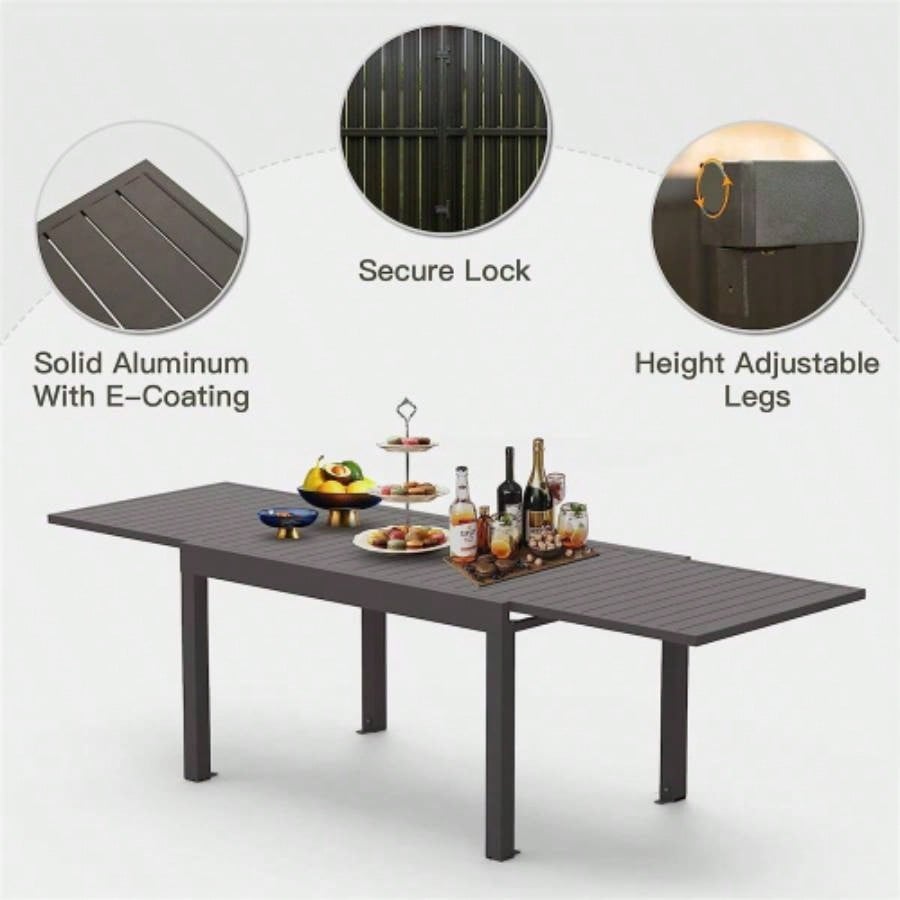 Large Extendable Patio Dining Table, Aluminum Metal Indoor Outdoor 53 106 Adjustable 6 - 8 Person Rectangular Table Porch Backyard Balcony Garden Dark - Brown, 1 Table