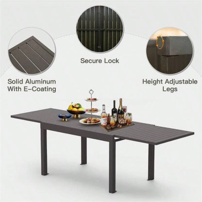 Large Extendable Patio Dining Table, Aluminum Metal Indoor Outdoor 53 106 Adjustable 6 - 8 Person Rectangular Table Porch Backyard Balcony Garden Dark - Brown, 1 Table