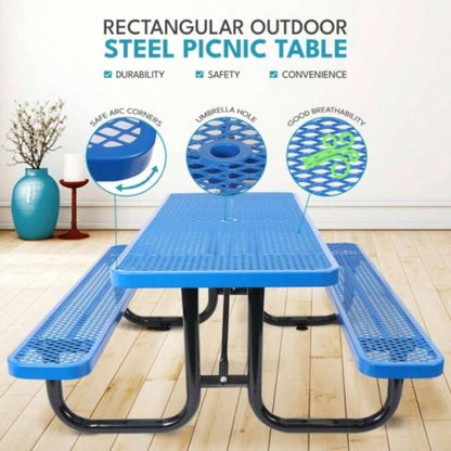 6 ft. Rectangular Outdoor Steel Picnic Table with pole in Blue