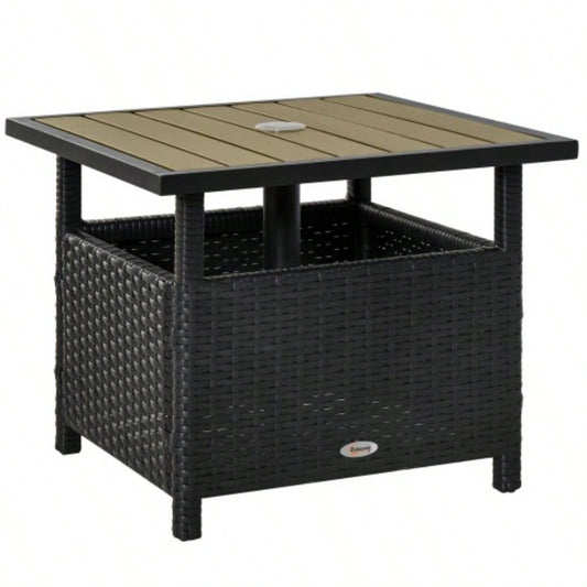 Outsunny 22 Rattan Wicker Side Table with Steel Frame, Insert Hole, Sand Bag Outdoor, Patio, Garden, Backyard, Black Tan