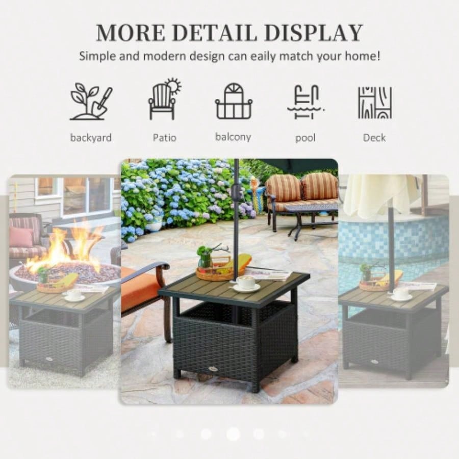 Outsunny 22 Rattan Wicker Side Table with Steel Frame, Insert Hole, Sand Bag Outdoor, Patio, Garden, Backyard, Black Tan