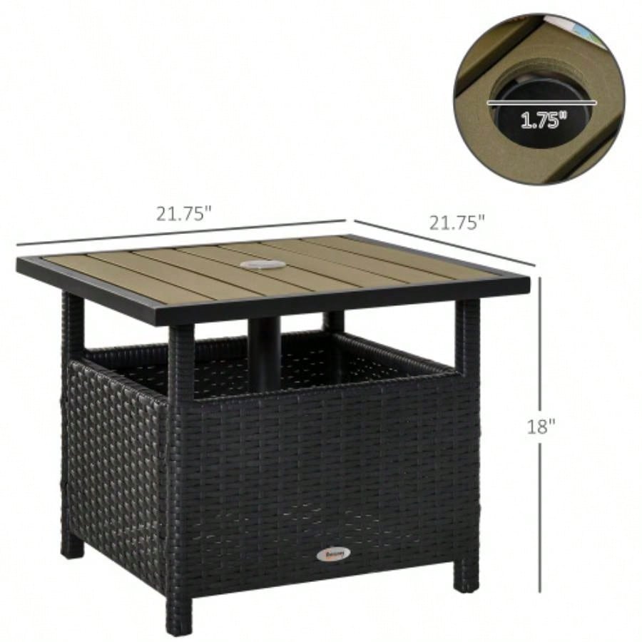 Outsunny 22 Rattan Wicker Side Table with Steel Frame, Insert Hole, Sand Bag Outdoor, Patio, Garden, Backyard, Black Tan