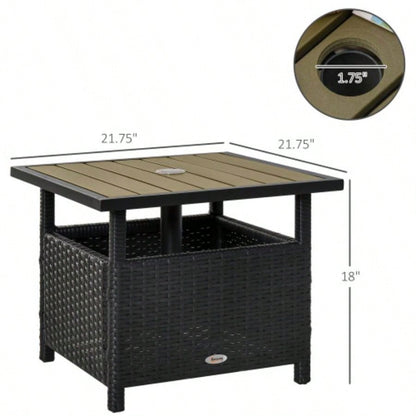 Outsunny 22 Rattan Wicker Side Table with Steel Frame, Insert Hole, Sand Bag Outdoor, Patio, Garden, Backyard, Black Tan