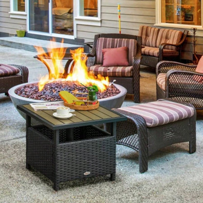 Outsunny 22 Rattan Wicker Side Table with Steel Frame, Insert Hole, Sand Bag Outdoor, Patio, Garden, Backyard, Black Tan