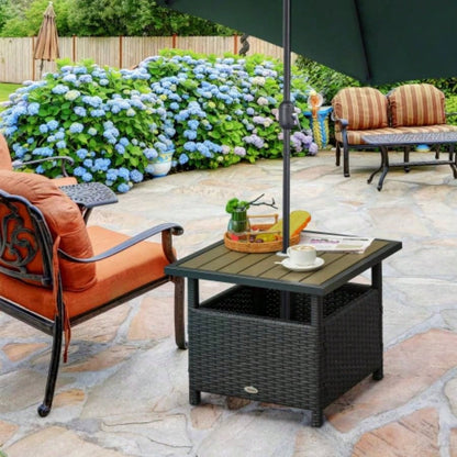 Outsunny 22 Rattan Wicker Side Table with Steel Frame, Insert Hole, Sand Bag Outdoor, Patio, Garden, Backyard, Black Tan