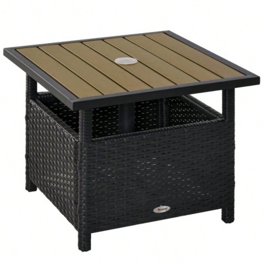 Outsunny 22 Rattan Wicker Side Table with Steel Frame, Insert Hole, Sand Bag Outdoor, Patio, Garden, Backyard, Black Tan