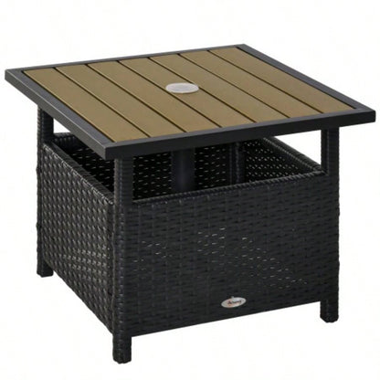 Outsunny 22 Rattan Wicker Side Table with Steel Frame, Insert Hole, Sand Bag Outdoor, Patio, Garden, Backyard, Black Tan