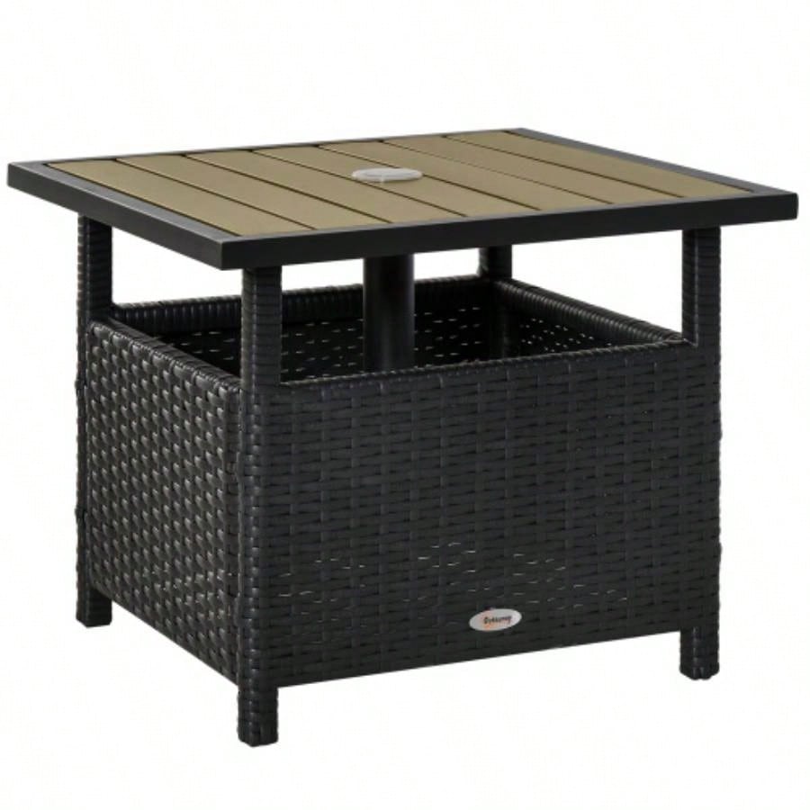 Outsunny 22 Rattan Wicker Side Table with Steel Frame, Insert Hole, Sand Bag Outdoor, Patio, Garden, Backyard, Black Tan