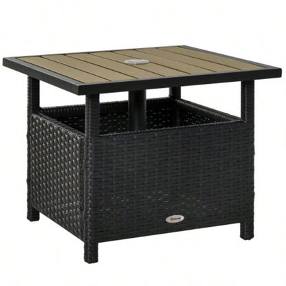 Outsunny 22 Rattan Wicker Side Table with Steel Frame, Insert Hole, Sand Bag Outdoor, Patio, Garden, Backyard, Black Tan