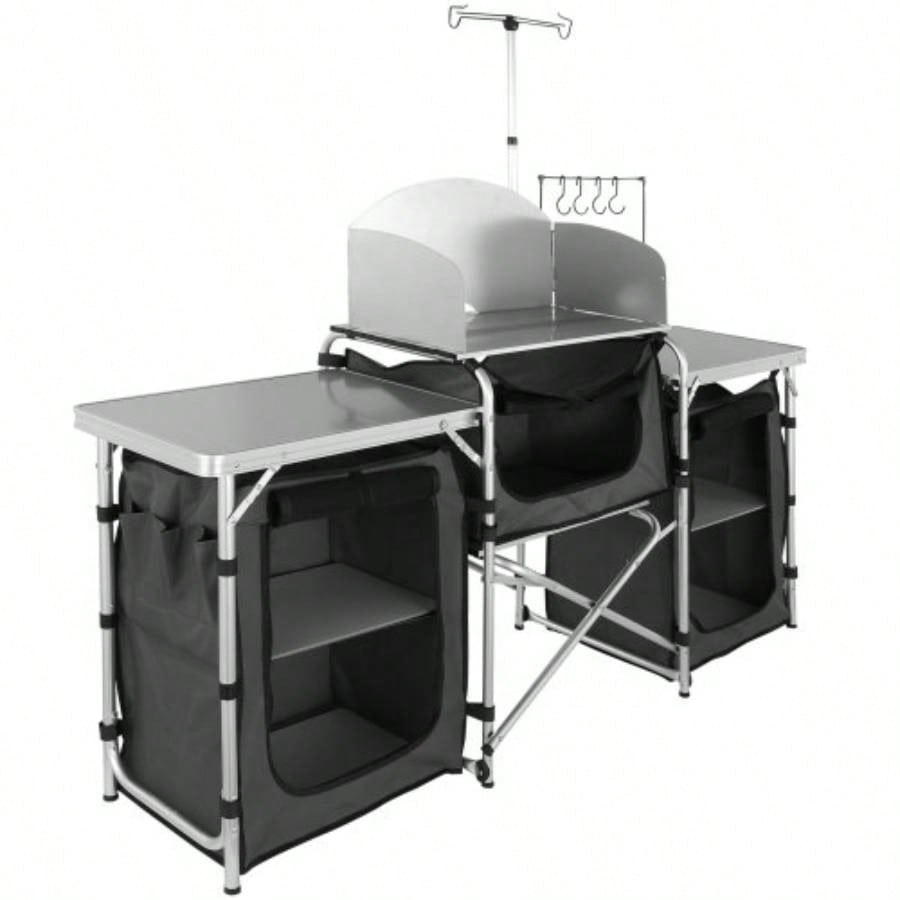 Camping Kitchen Table, Folding Outdoor Cooking Table with Storage Carrying Bag, Aluminum Cook Station 3 Cupboard Detachable Windscreen, Quick Set - up Picnics, BBQ, RV Traveling, Black