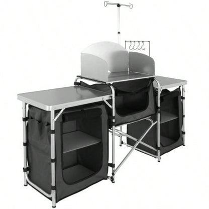 Camping Kitchen Table, Folding Outdoor Cooking Table with Storage Carrying Bag, Aluminum Cook Station 3 Cupboard Detachable Windscreen, Quick Set - up Picnics, BBQ, RV Traveling, Black