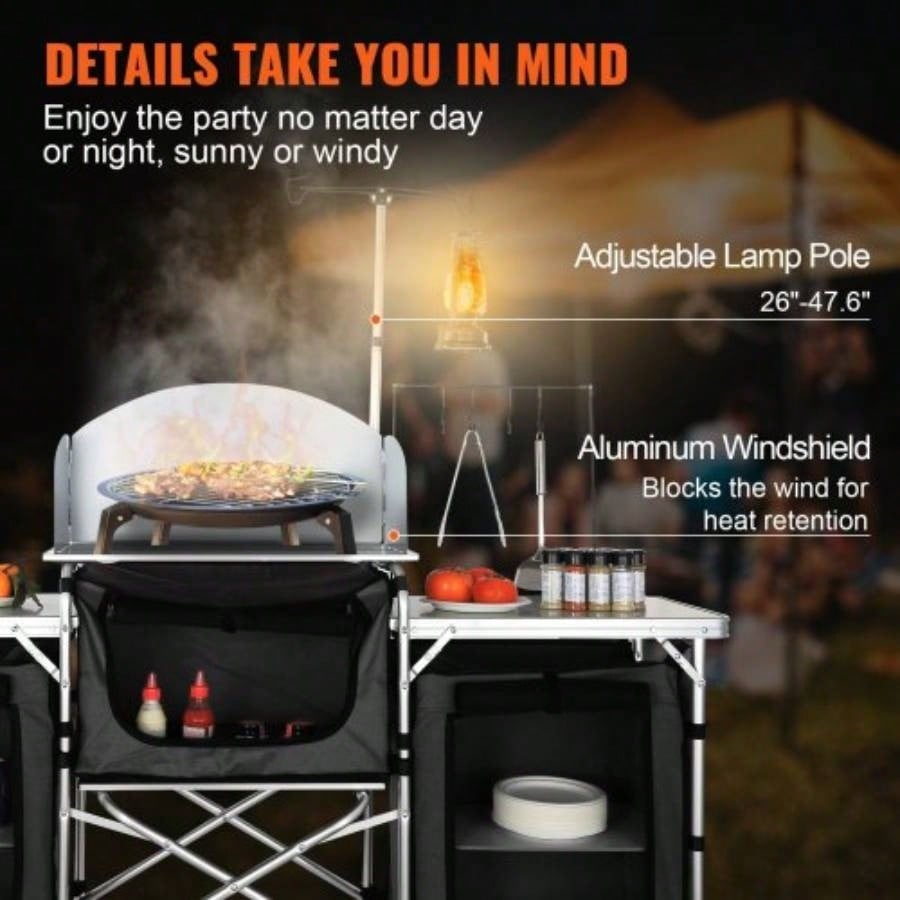 Camping Kitchen Table, Folding Outdoor Cooking Table with Storage Carrying Bag, Aluminum Cook Station 3 Cupboard Detachable Windscreen, Quick Set - up Picnics, BBQ, RV Traveling, Black