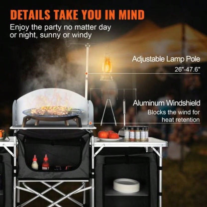 Camping Kitchen Table, Folding Outdoor Cooking Table with Storage Carrying Bag, Aluminum Cook Station 3 Cupboard Detachable Windscreen, Quick Set - up Picnics, BBQ, RV Traveling, Black