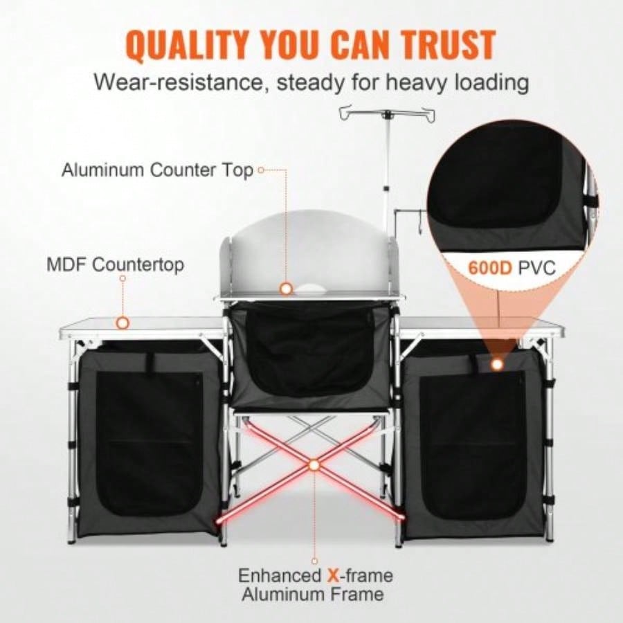 Camping Kitchen Table, Folding Outdoor Cooking Table with Storage Carrying Bag, Aluminum Cook Station 3 Cupboard Detachable Windscreen, Quick Set - up Picnics, BBQ, RV Traveling, Black